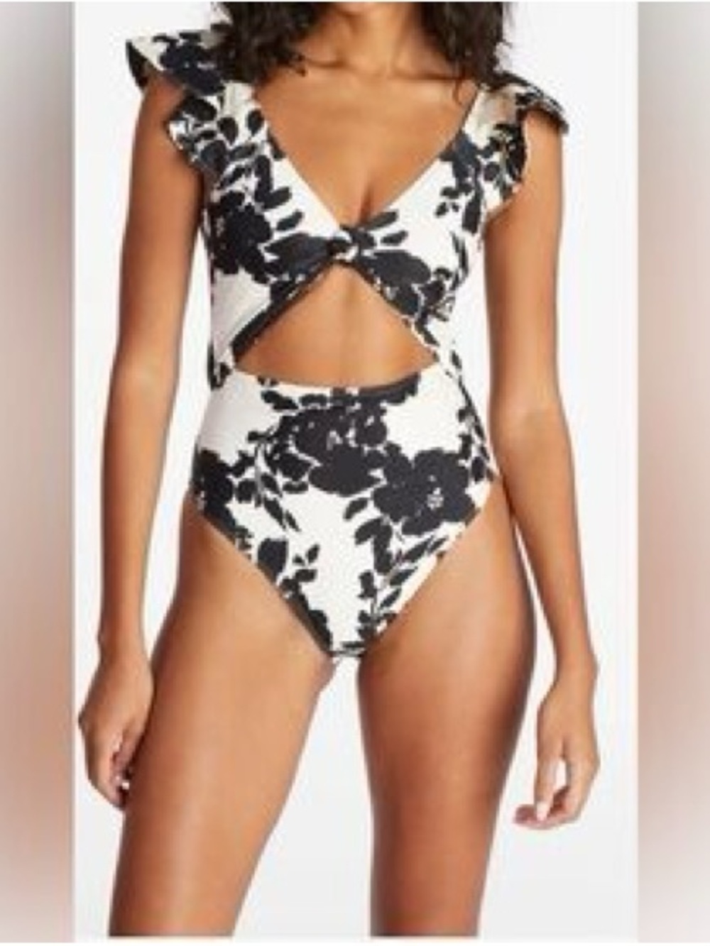 Tanya Taylor Coraline One Piece Cream Black Floral Swimsuit Size L Beach Coastal